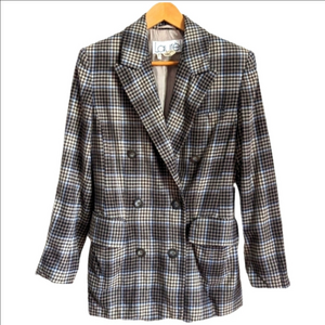 VINTAGE LAUREL Plaid Neutrals Virgin Wool Rétro Simple Breasted Blazer Small